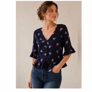 Elodie Navy Hummingbird Cinch Front Ruffle Sleeve Top S